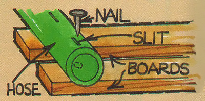 To make an auxiliary, non-slip sidewalk: cut small slits in two lengths of discarded garden hose, then drive nails through these into a series of evenly spaced boards.